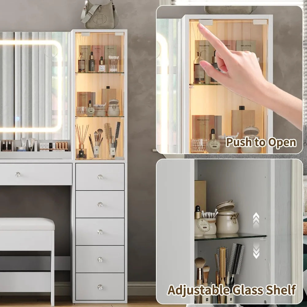 11 Drawer Makeup Vanity with LED Mirror Charging Station Storage Desk