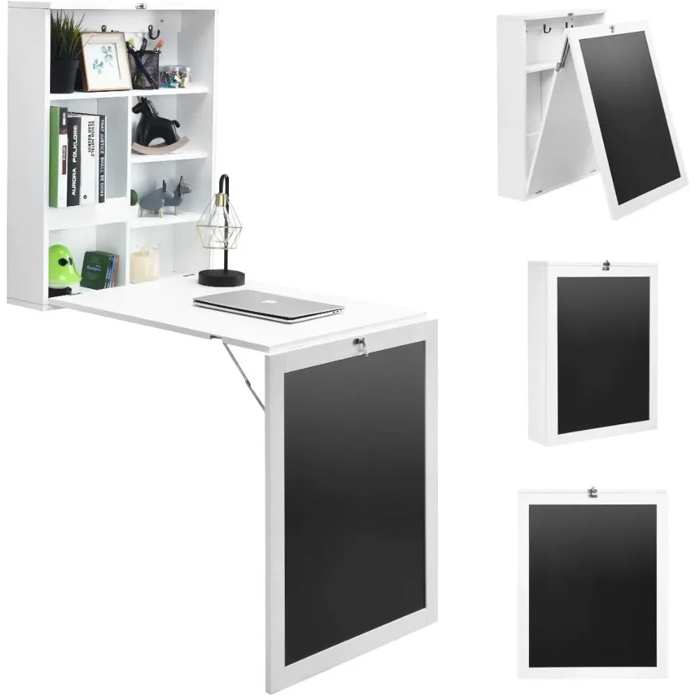 Folding Wall Mounted Desk with Storage Shelves and Hooks for Small Spaces