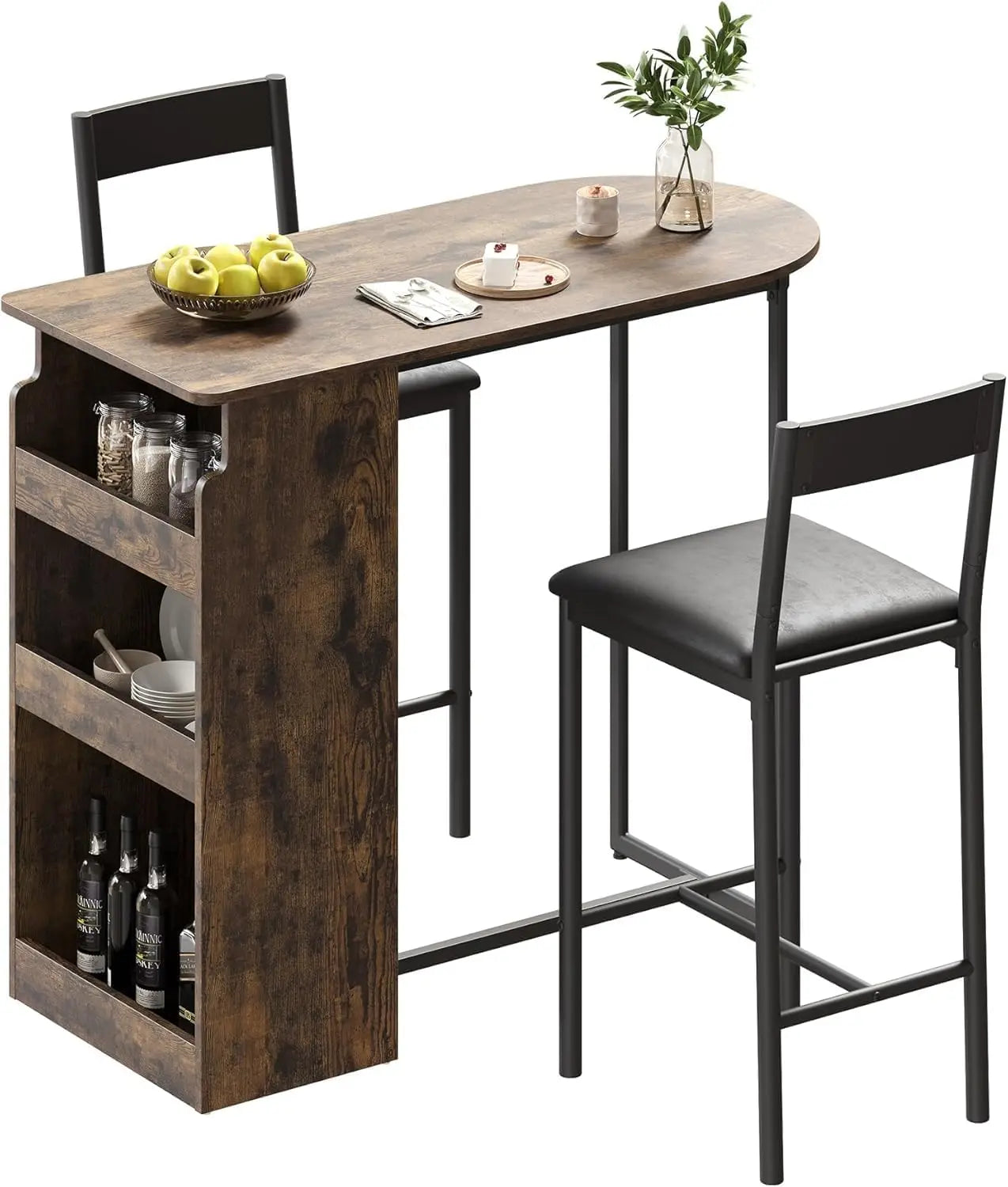 Bar Table and Chairs Set for 2 with Triple-Tier Wine Rack and Glass Holder