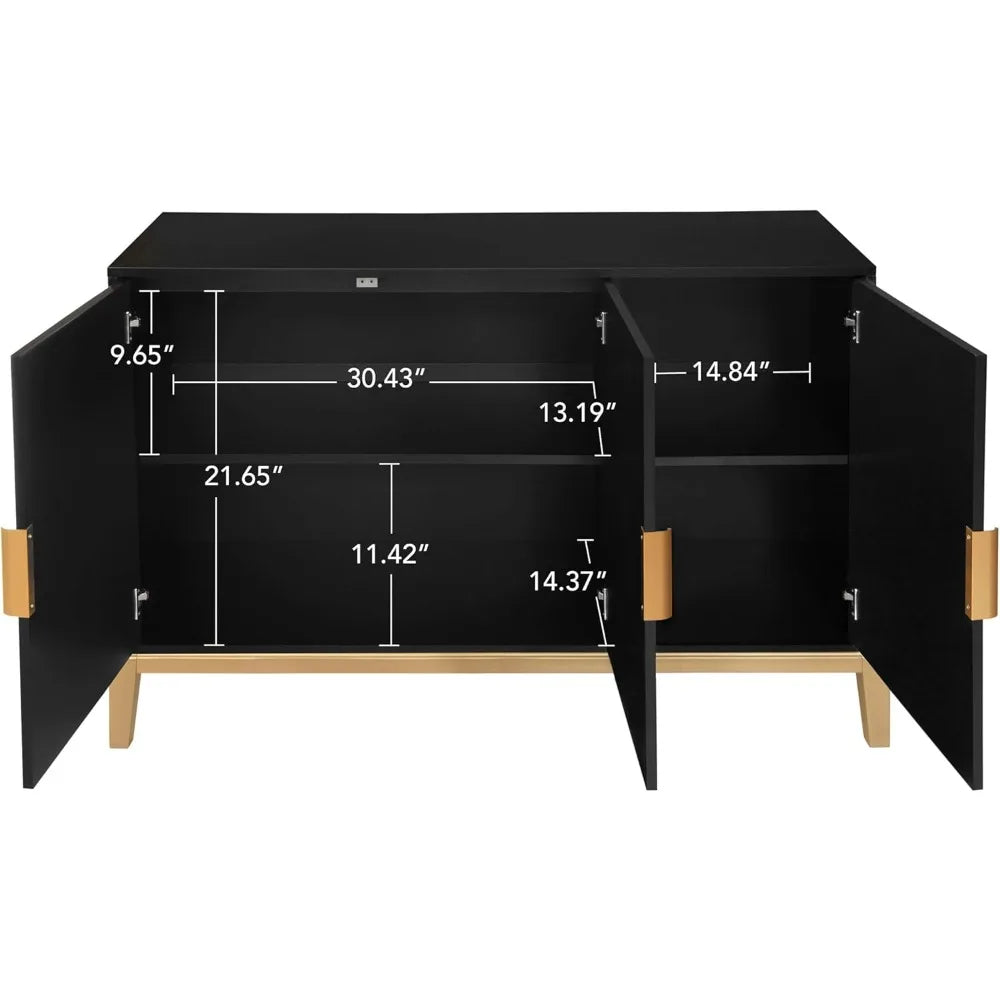 Black 47 Inch 3 Door Carved Line Storage Cabinet Sideboard Buffet