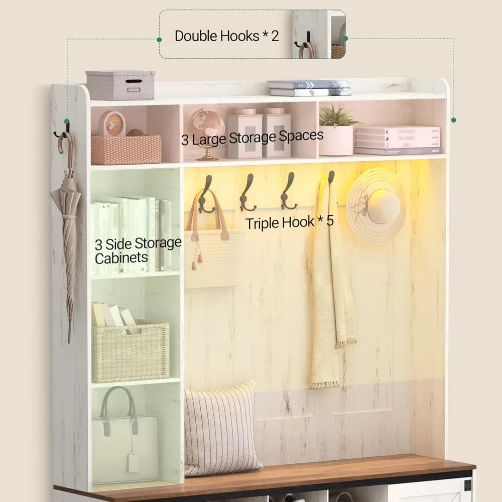 59.8" Hall Tree LED Farmhouse Entryway Storage Coat Rack Bench Hooks