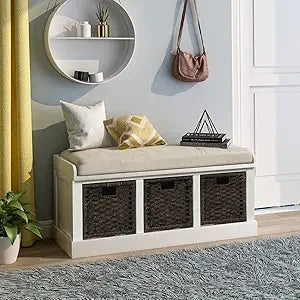 Rustic Storage Bench Entryway Bench with Rattan Baskets and Cushion