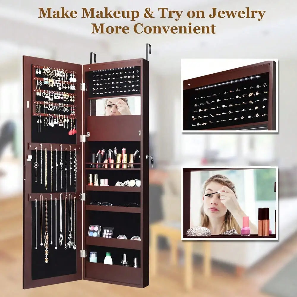 Lockable Wall Mounted Jewelry Cabinet Armoire Organizer with LED Lights