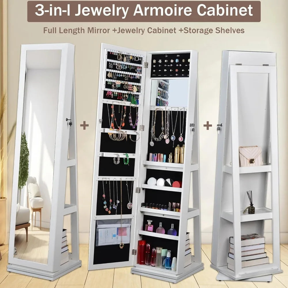 65 Inch Full Length Mirror Jewelry Cabinet 360 Swivel Lockable Organizer