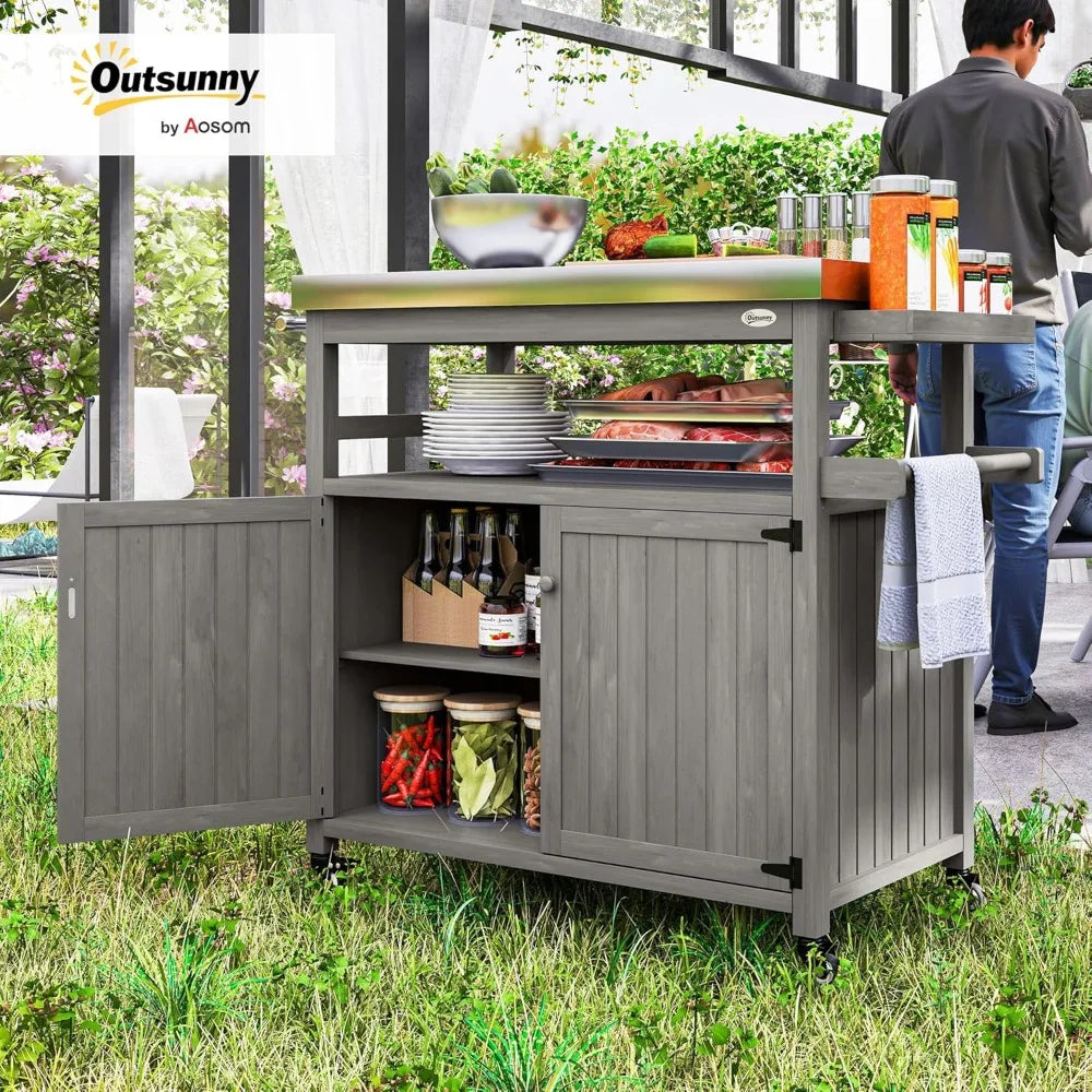 Outdoor Grill Cart with Wheels Storage Solid Wood Stainless Steel Top