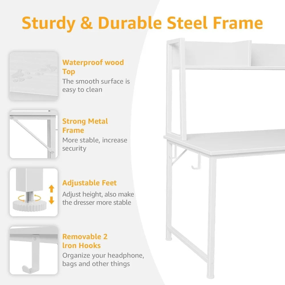 Modern White Computer Desk with Hutch Storage and Power Outlets