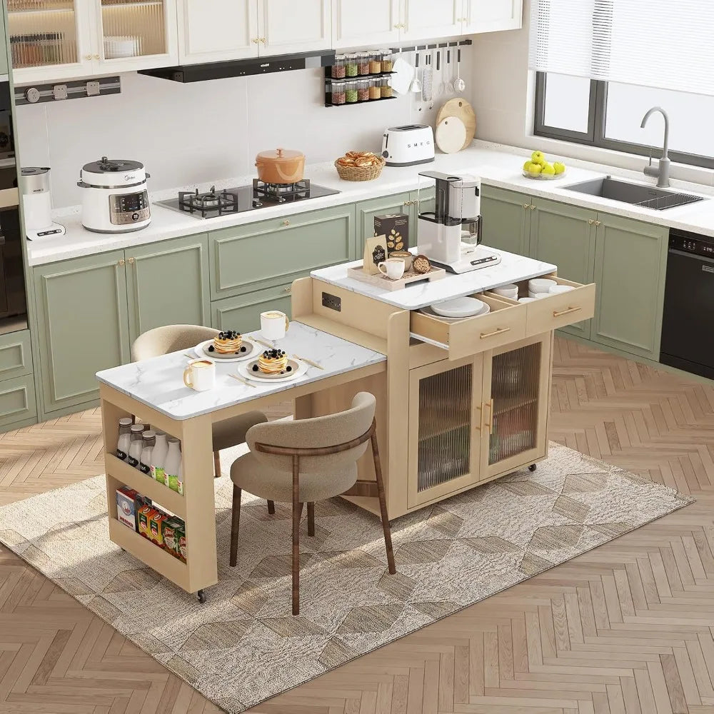 Kitchen Island with Extendable Table Power Outlets Rolling Cart
