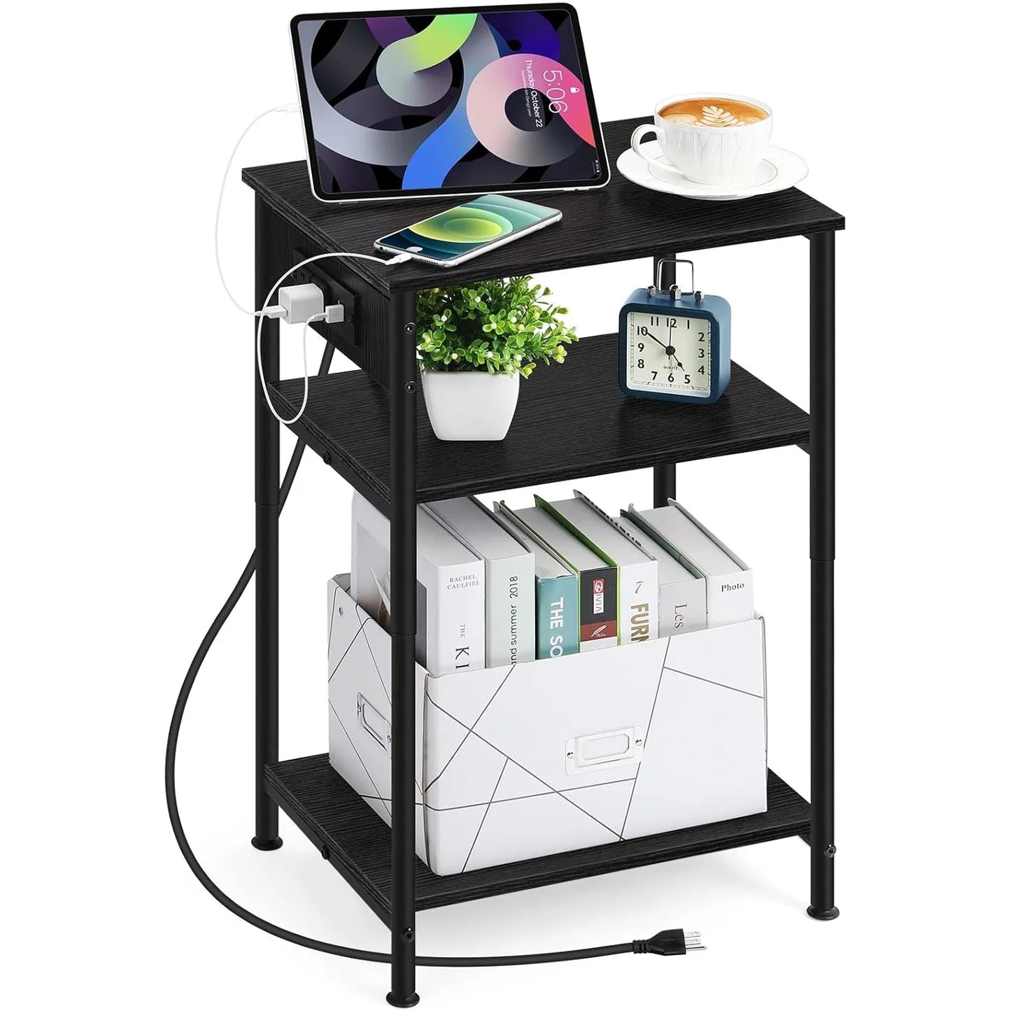 Space Saving Nightstand with USB Ports and Storage Drawer for Bedroom