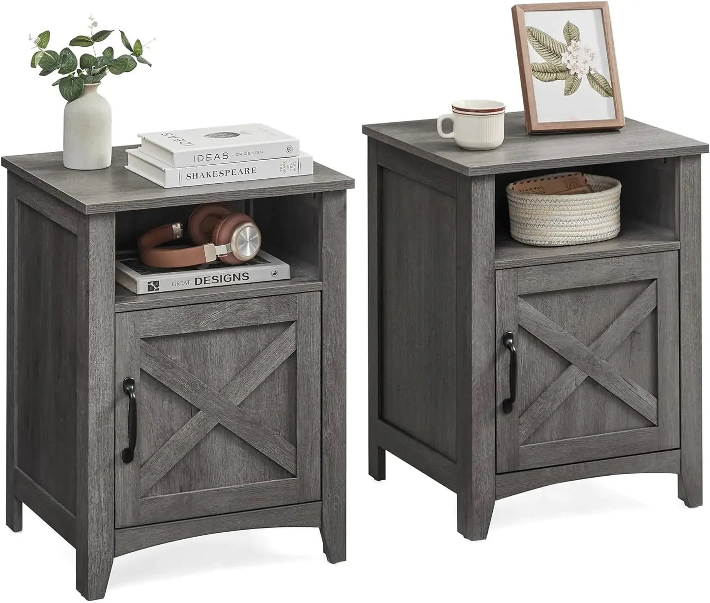 Farmhouse Nightstand Set of 2 with Barn Door Stylish Bedside Tables
