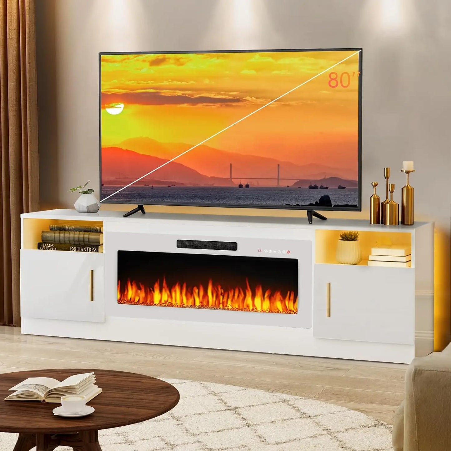 Ljustra Fireplace TV Stand for 80 Inch TVs with LED Light and Storage
