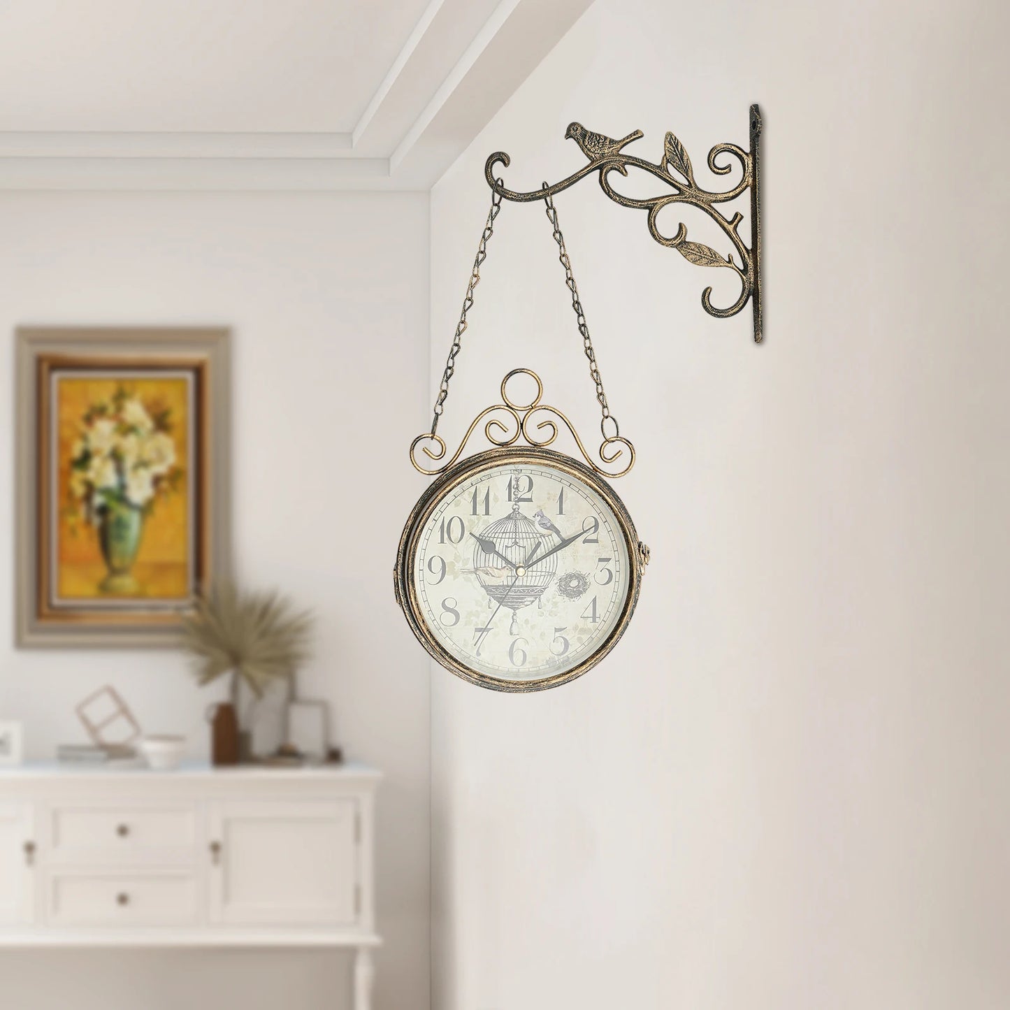 Double Sided Iron Wall Clock Vintage Round Design for Living Room Decor
