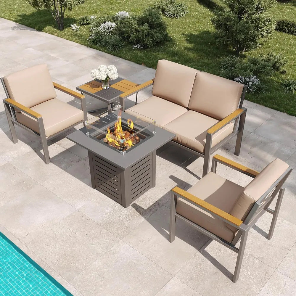 Ljustra 5-Piece Modern Patio Furniture Set with Fire Pit Table and Cushions