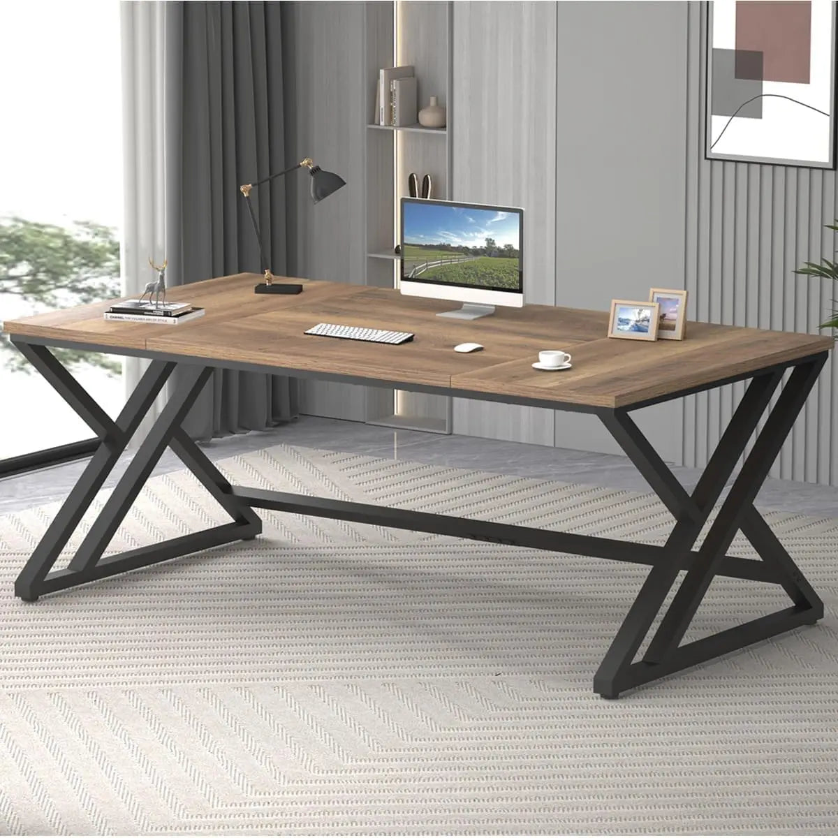Modern Long Office Desk Large Wood Metal Computer Industrial Workstation