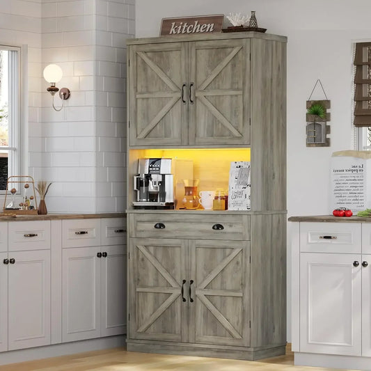 Farmhouse Kitchen Pantry Cabinet with Adjustable Shelves and Table
