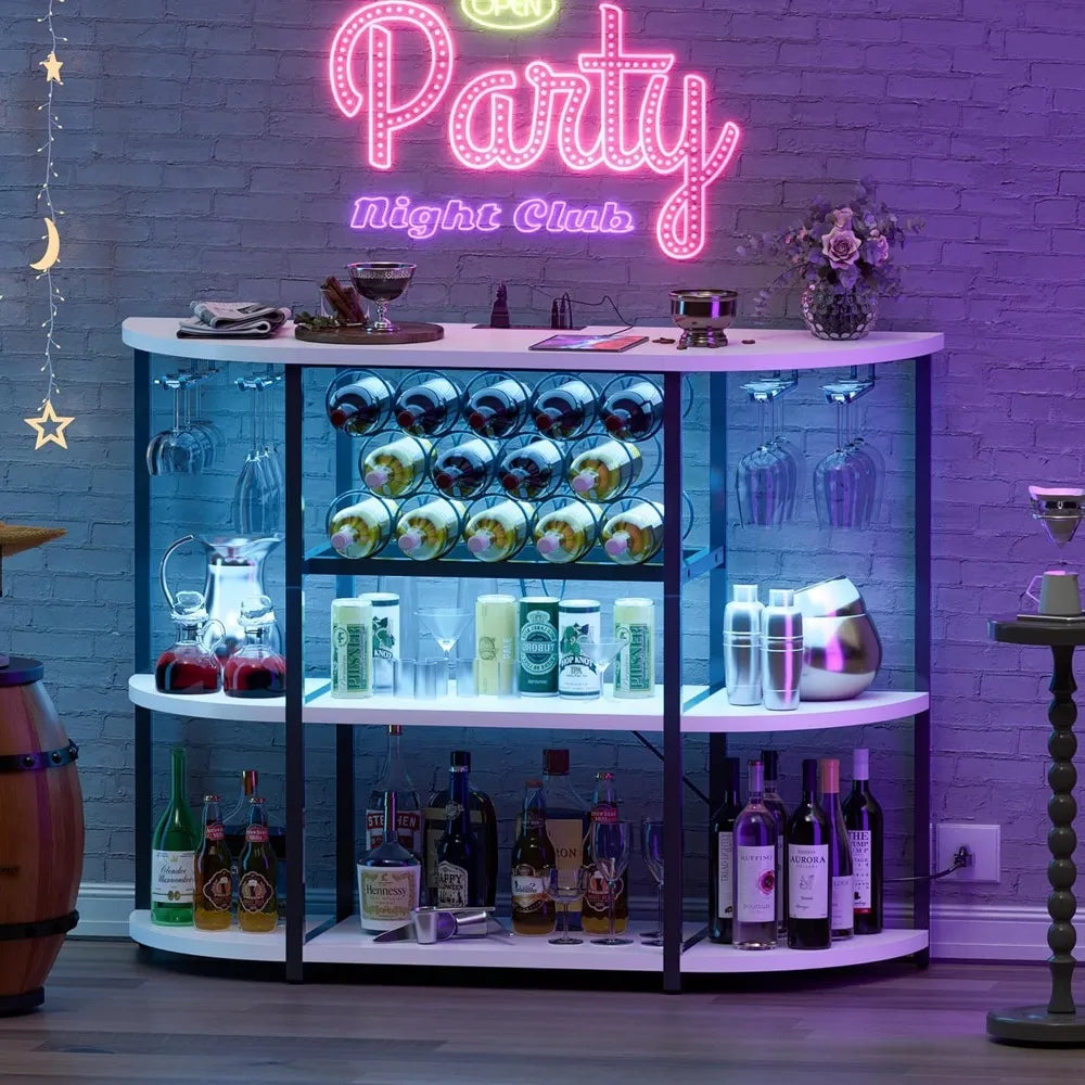 Wine Bar Cabinet with Lights and Outlet 4-Tier Storage Mini Bars for Home