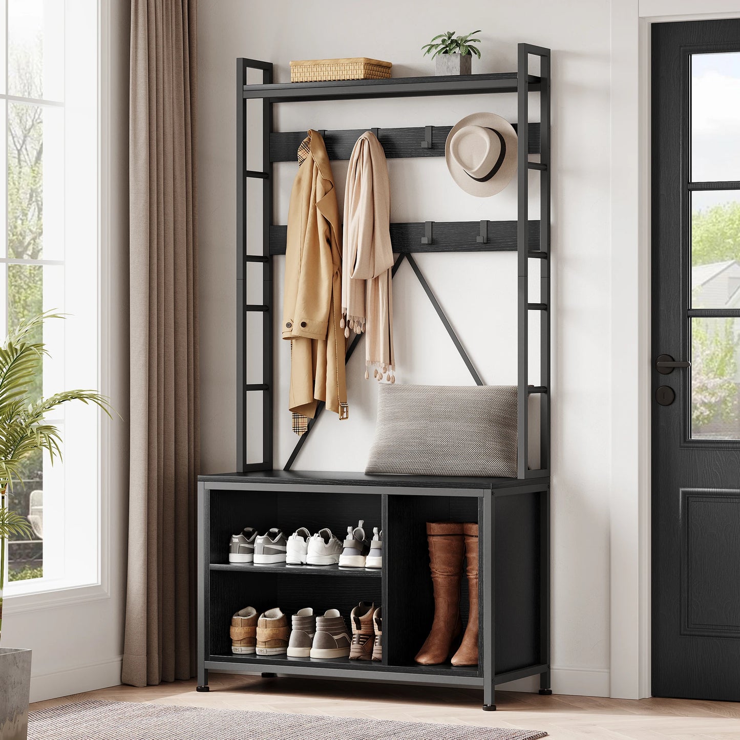 Hall Tree Entryway Bench Coat Rack Shoe Storage Industrial Style