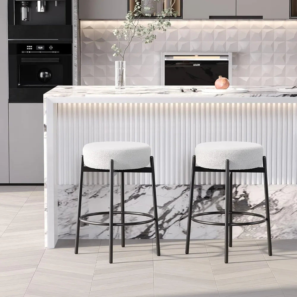 Swivel Round Barstools 24" Teddy Wool Upholstered Set of 2