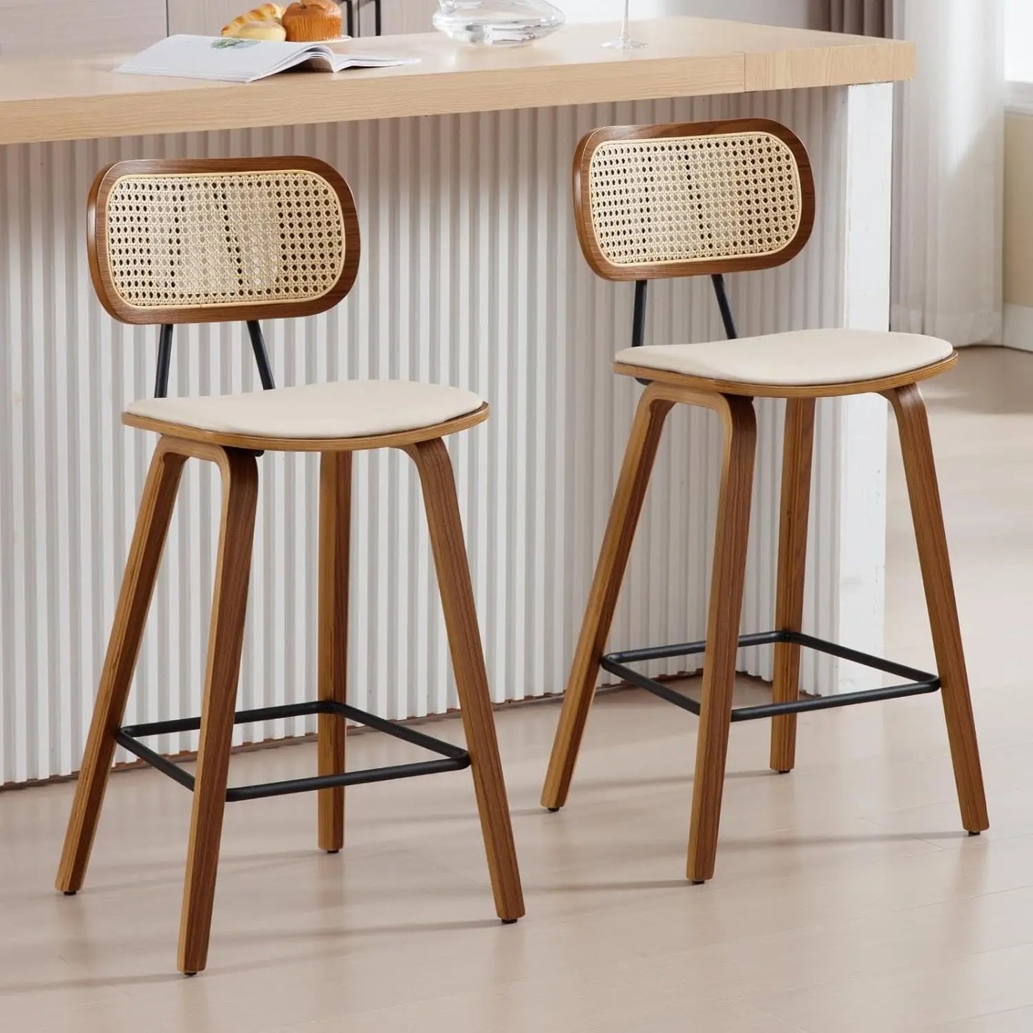 Modern Bar Stools Set of 2 Counter Height Rattan Back PU Upholstered