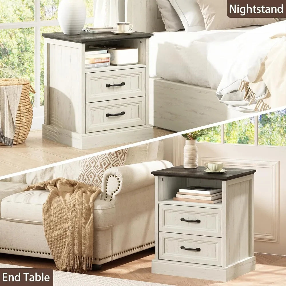 20 Inch Farmhouse Nightstand End Table with Drawers and Open Storage