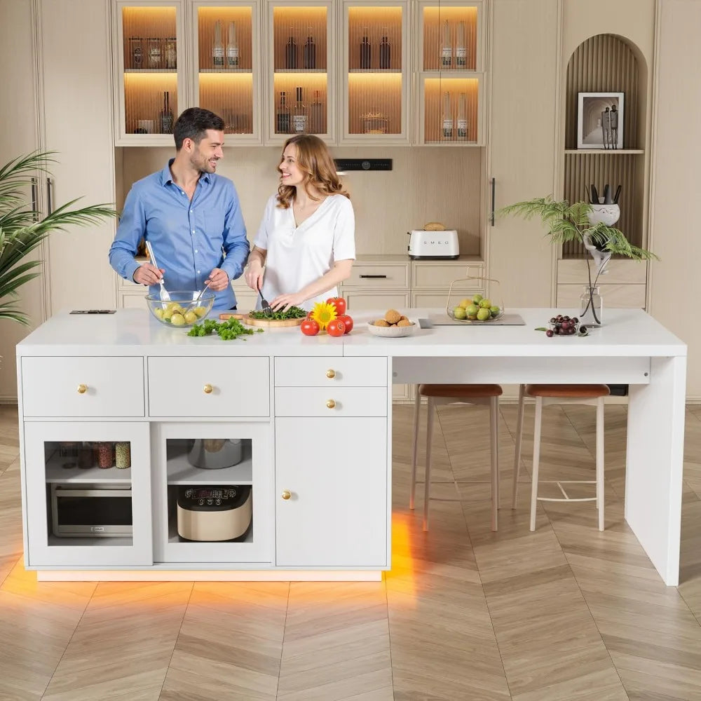 Kitchen Island with LED Light and Storage Drawers Breakfast Bar