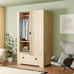Modern 63" Wardrobe Closet with Mirror 4 Doors Armoire Cabinet Storage