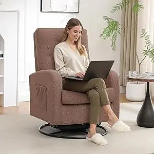 Swivel Rocking Chair Nursery Glider Upholstered Linen Armchair Indoor