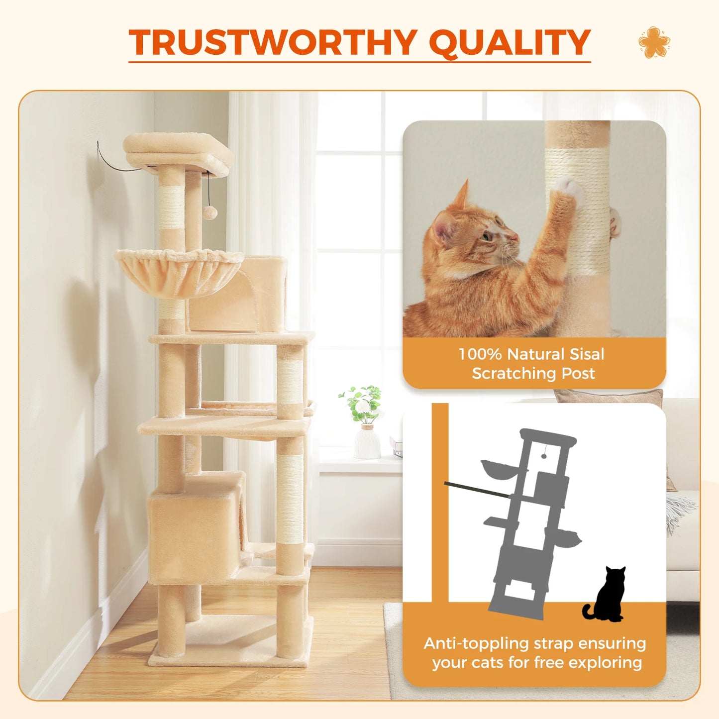 Cat Tree Large Metal Hammock 2 Condos Scratching Post for Indoor Cats