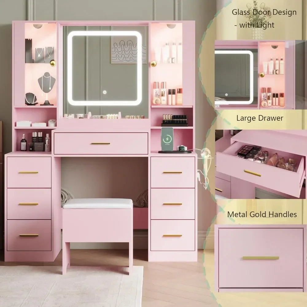 Makeup Vanity with LED Mirror Chair 7 Drawers RGB Cabinets White