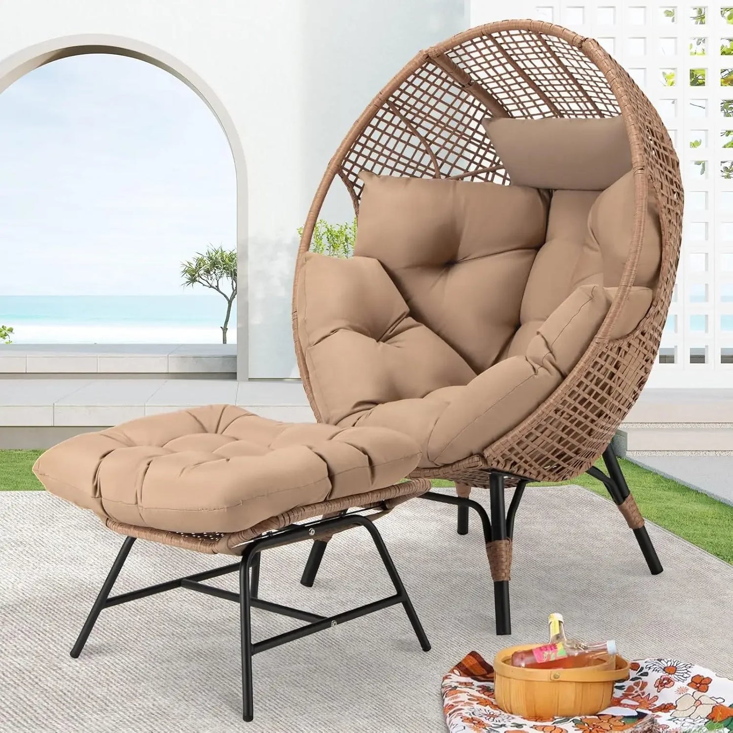 Cozy Patio Egg Chair with Ottoman Indoor Outdoor Lounge Chair 440lbs