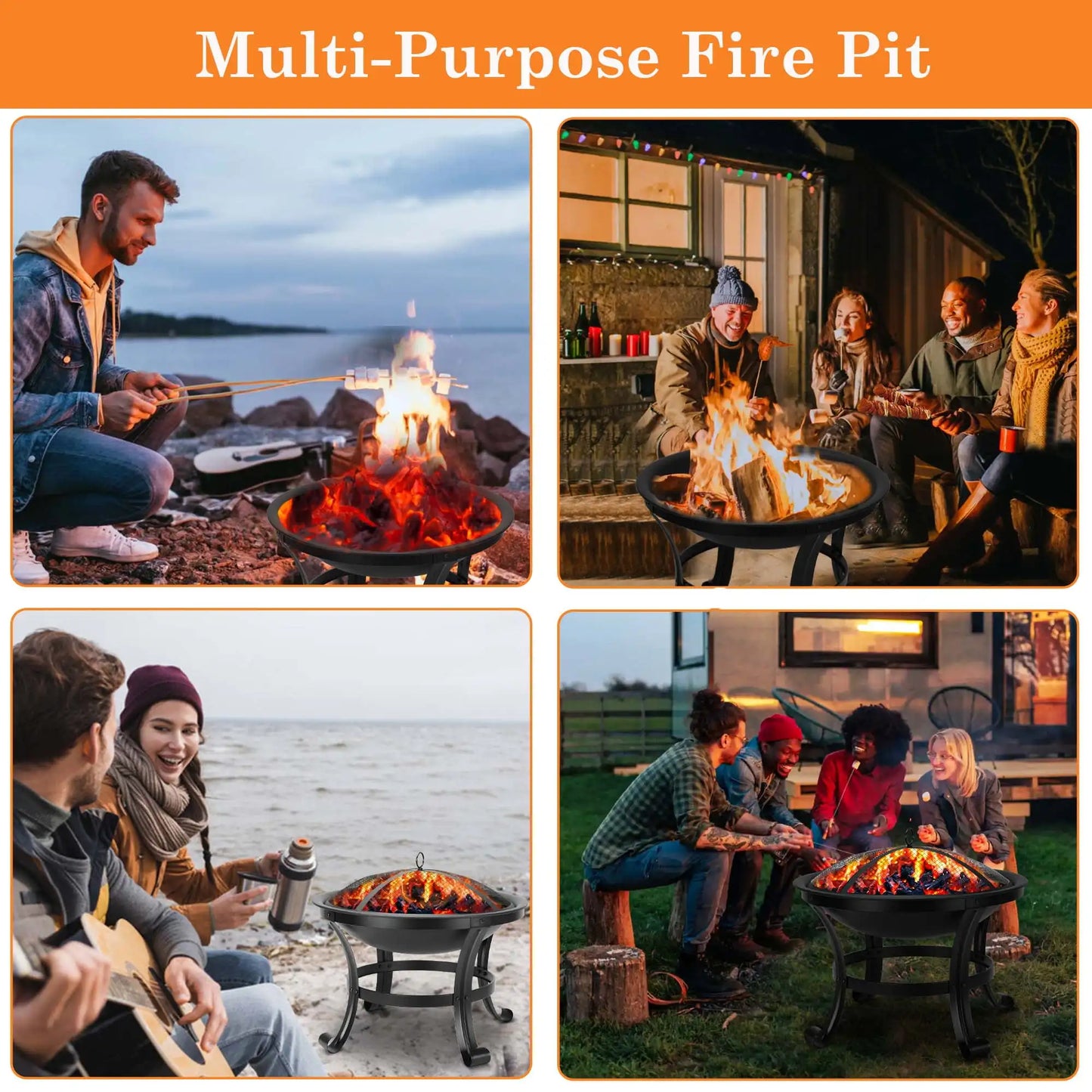 22 Inch Round Fire Pit Curved Iron Outdoor Wood Burning Patio Decoration