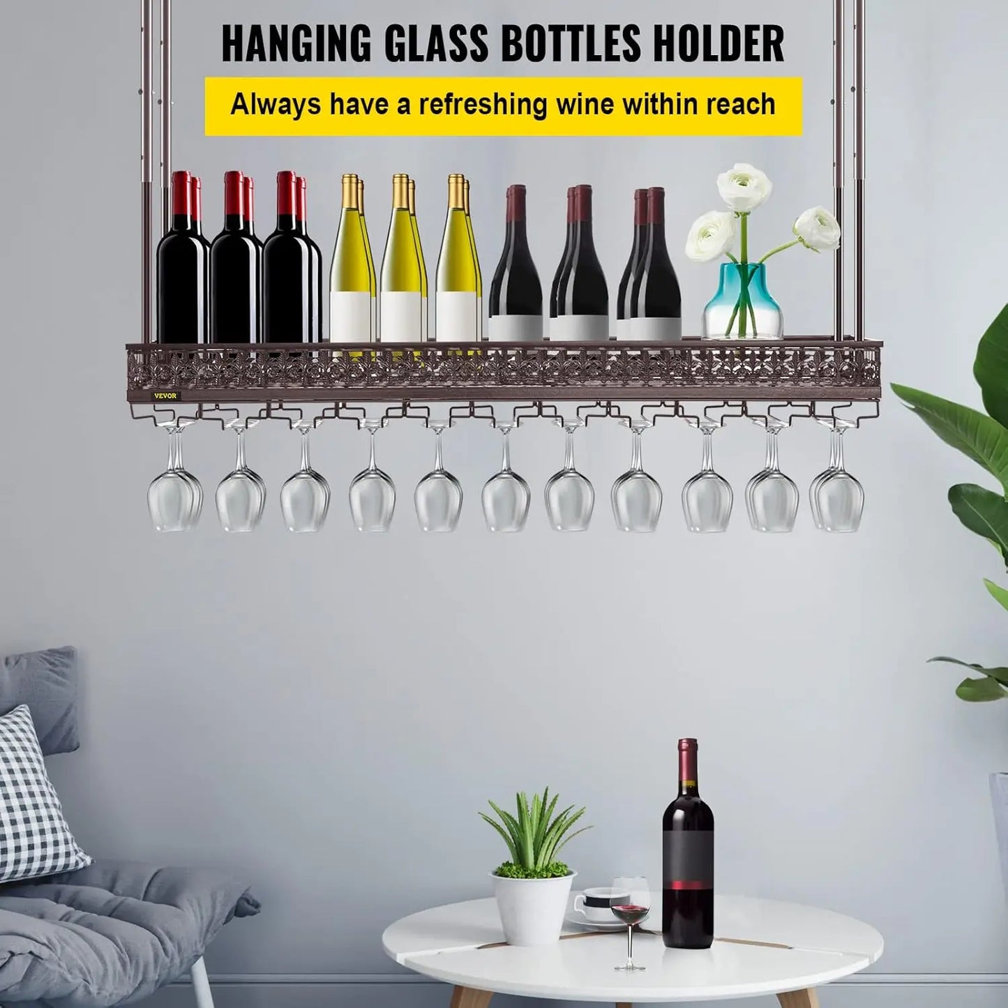 Ceiling Wine Glass Rack Adjustable Hanging Wine Rack for Kitchen Bar