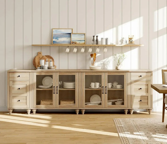 Sideboard Buffet Cabinet with 4 Glass Doors and Charging Station Oak