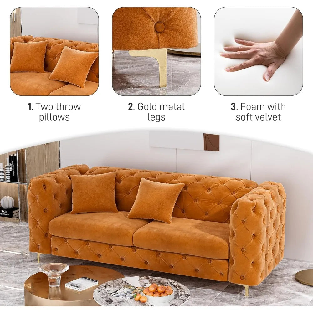 75 Inch Velvet Sofa Couch Mid Century Modern Tufted Button High Armrest