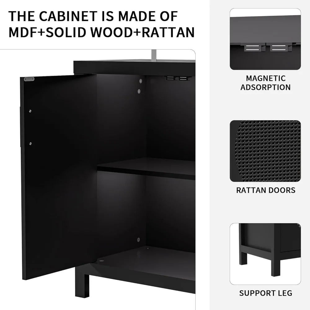 Buffet Sideboard Cabinet with Rattan Doors Mid-Century Modern Storage