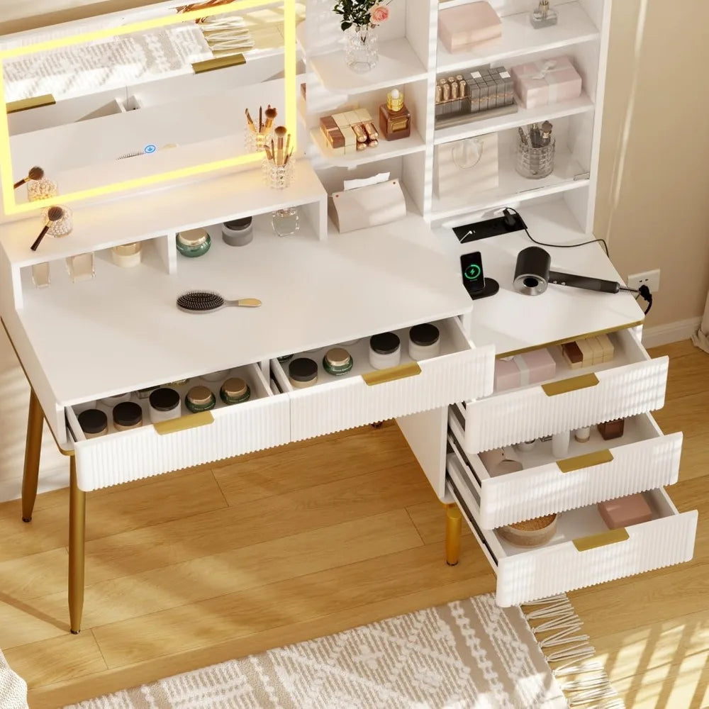 Fluted Vanity Desk with Mirror and Lights Makeup Storage Organizer