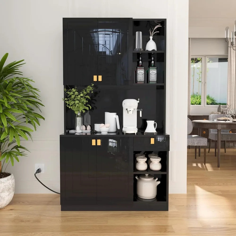 Kitchen Pantry Cabinet with Countertop Power Outlet Adjustable Shelves