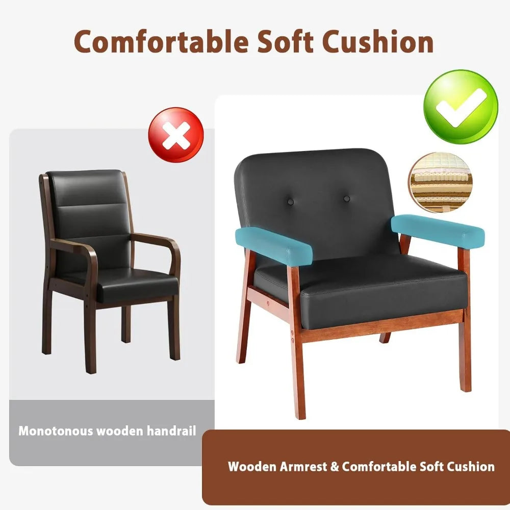 Black Leather Accent Chairs Mid Century Modern Set of 2 for Office Living