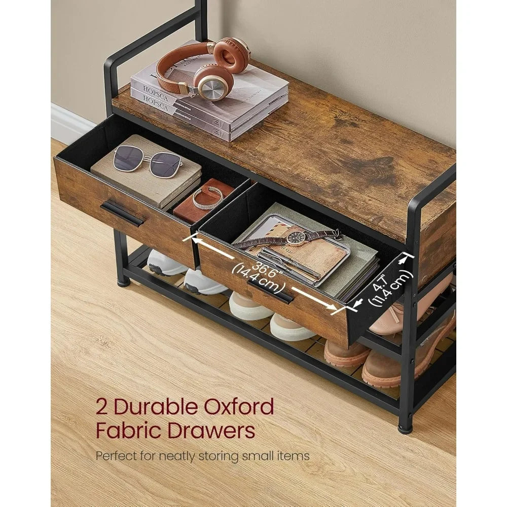 Entryway Coat Rack Shoe Bench with Fabric Drawers and Hooks