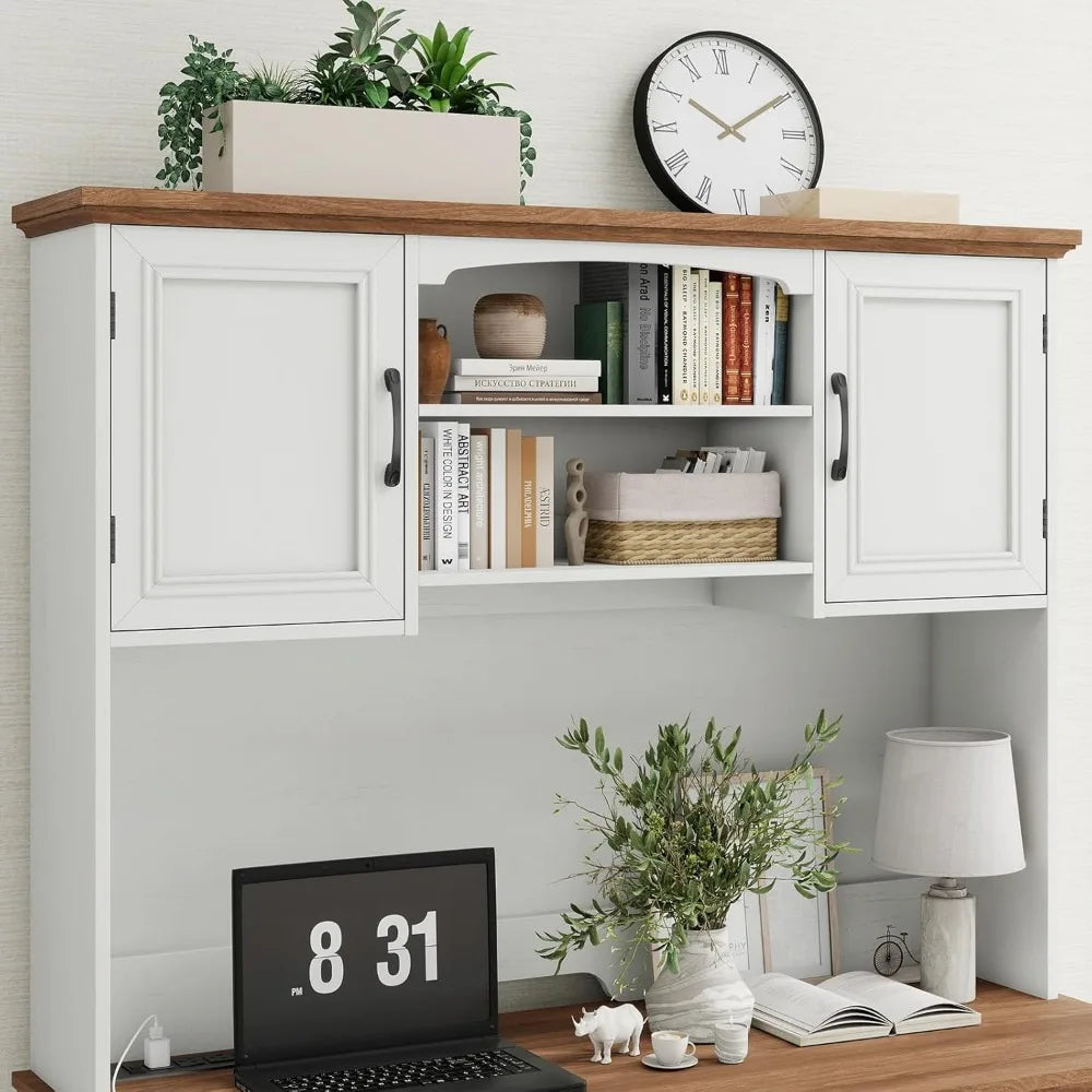 Farmhouse Executive Desk with Hutch LED Light Charging Station Storage