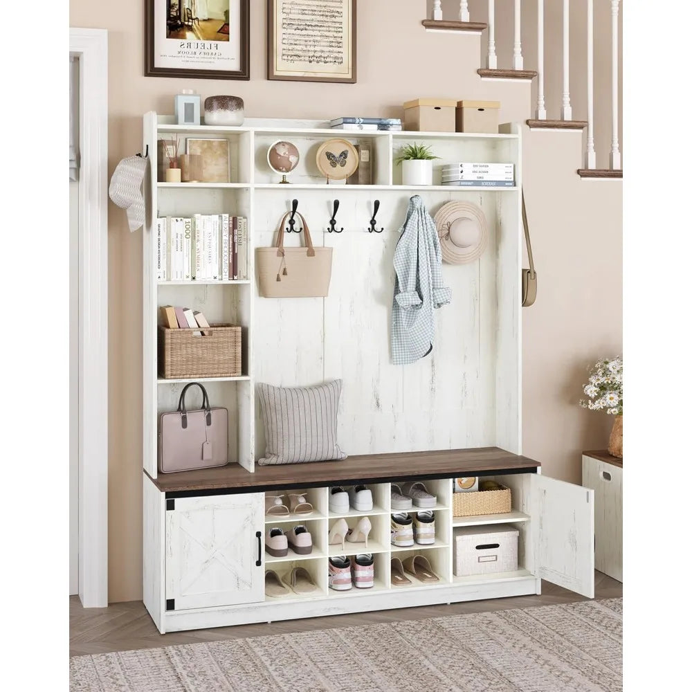 59.8" Hall Tree LED Farmhouse Entryway Storage Coat Rack Bench Hooks