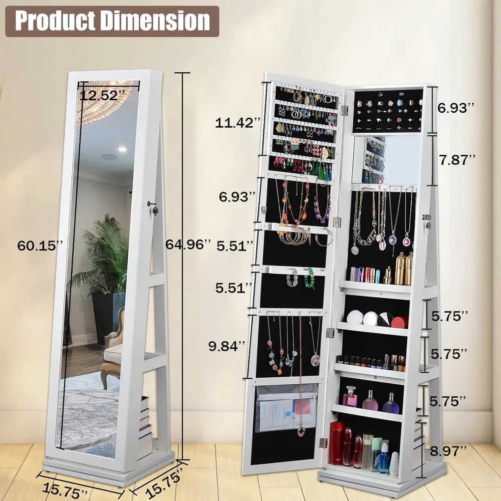 65 Inch Full Length Mirror Jewelry Cabinet 360 Swivel Lockable Organizer