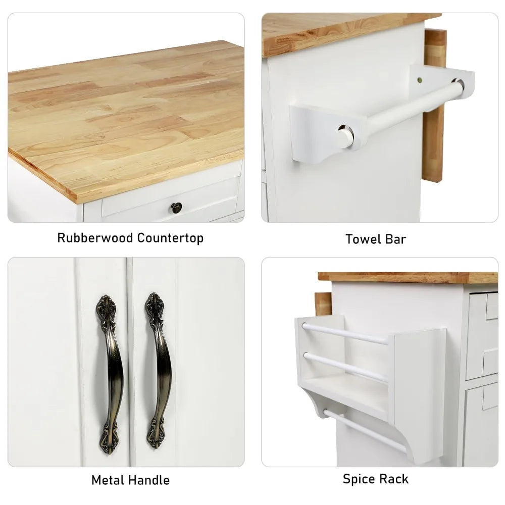 Large Kitchen Island with Drop Leaf Rolling Trash Cabinet on Wheels