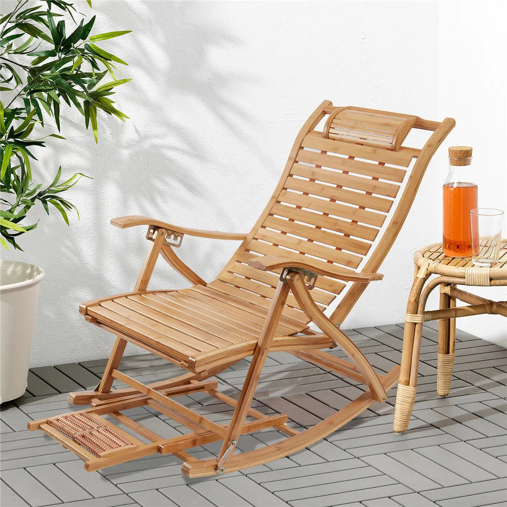 Heavy Duty Bamboo Rocking Chair Adjustable Lounge Recliner Outdoor