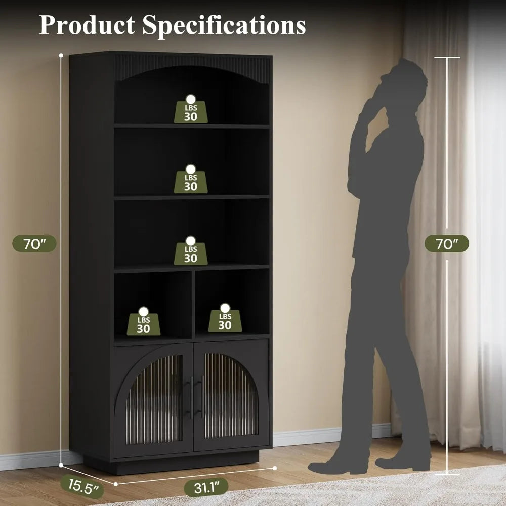 70 Inch Tall Black Bookshelf with Glass Doors Mid Century Modern Storage