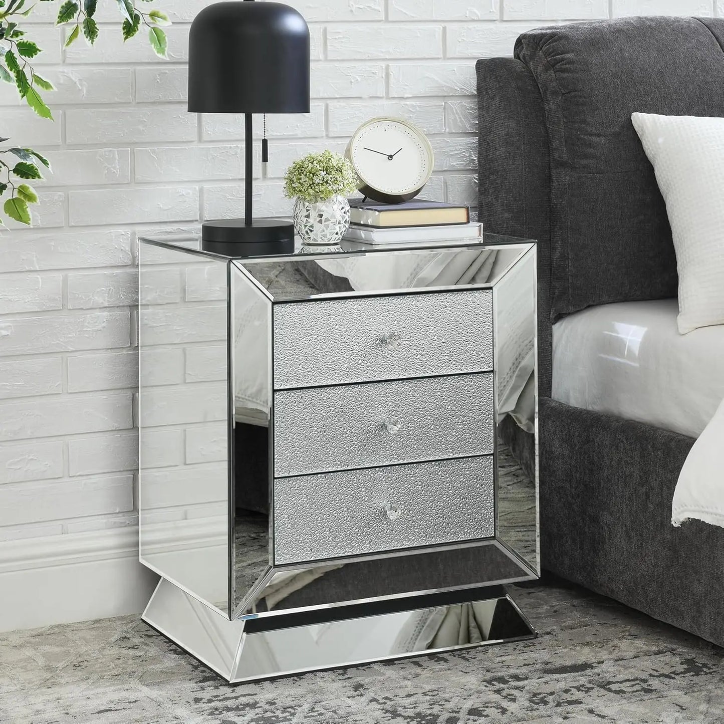 Luxury Crystal Mirrored Nightstand Bedside Cupboard Modern Furniture