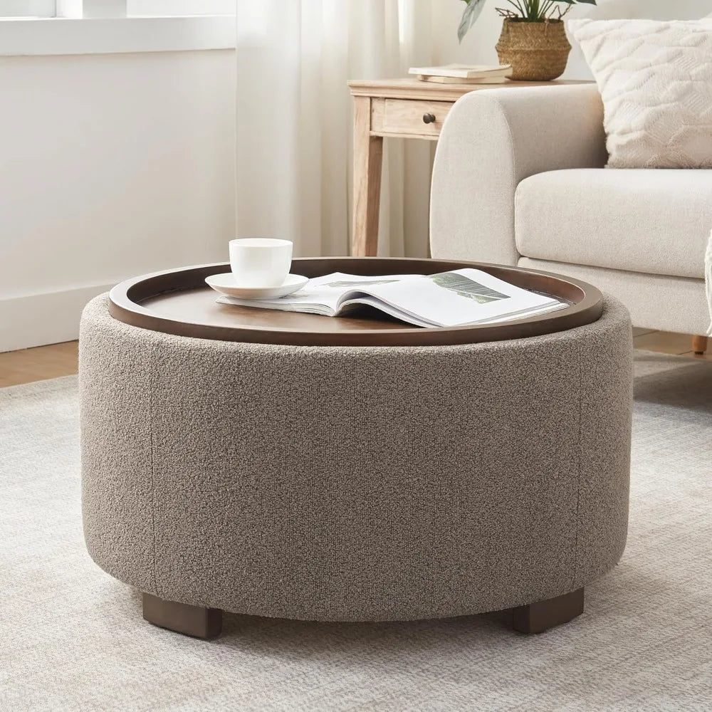 30 Inch Round Storage Ottoman Coffee Table Modern Boucle Lift-Off Lid