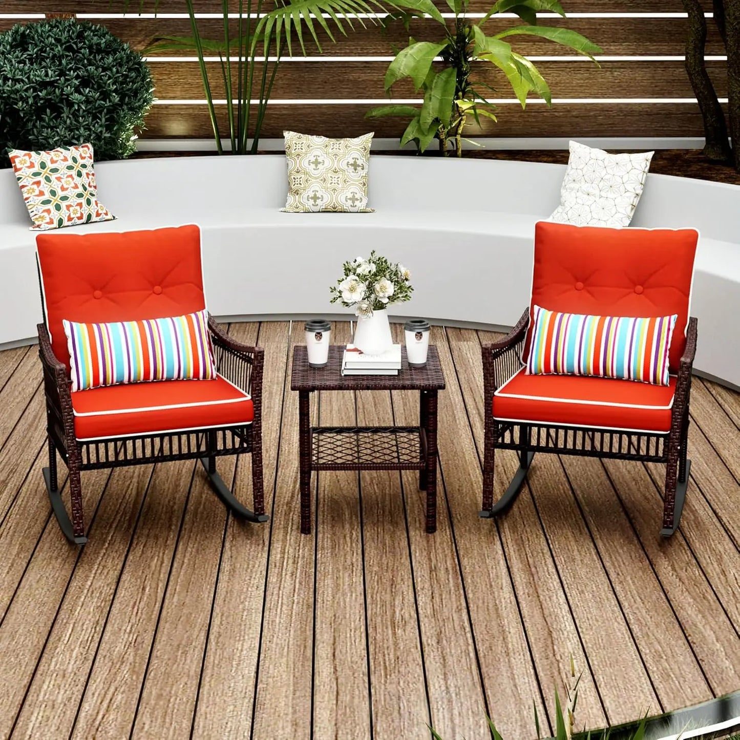 3-Piece Patio Furniture Set Wicker Rocking Chairs Coffee Table