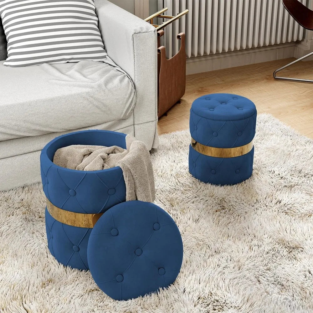 Round Storage Ottoman Set of 2 Velvet Stool Fully Assembled for Home Office