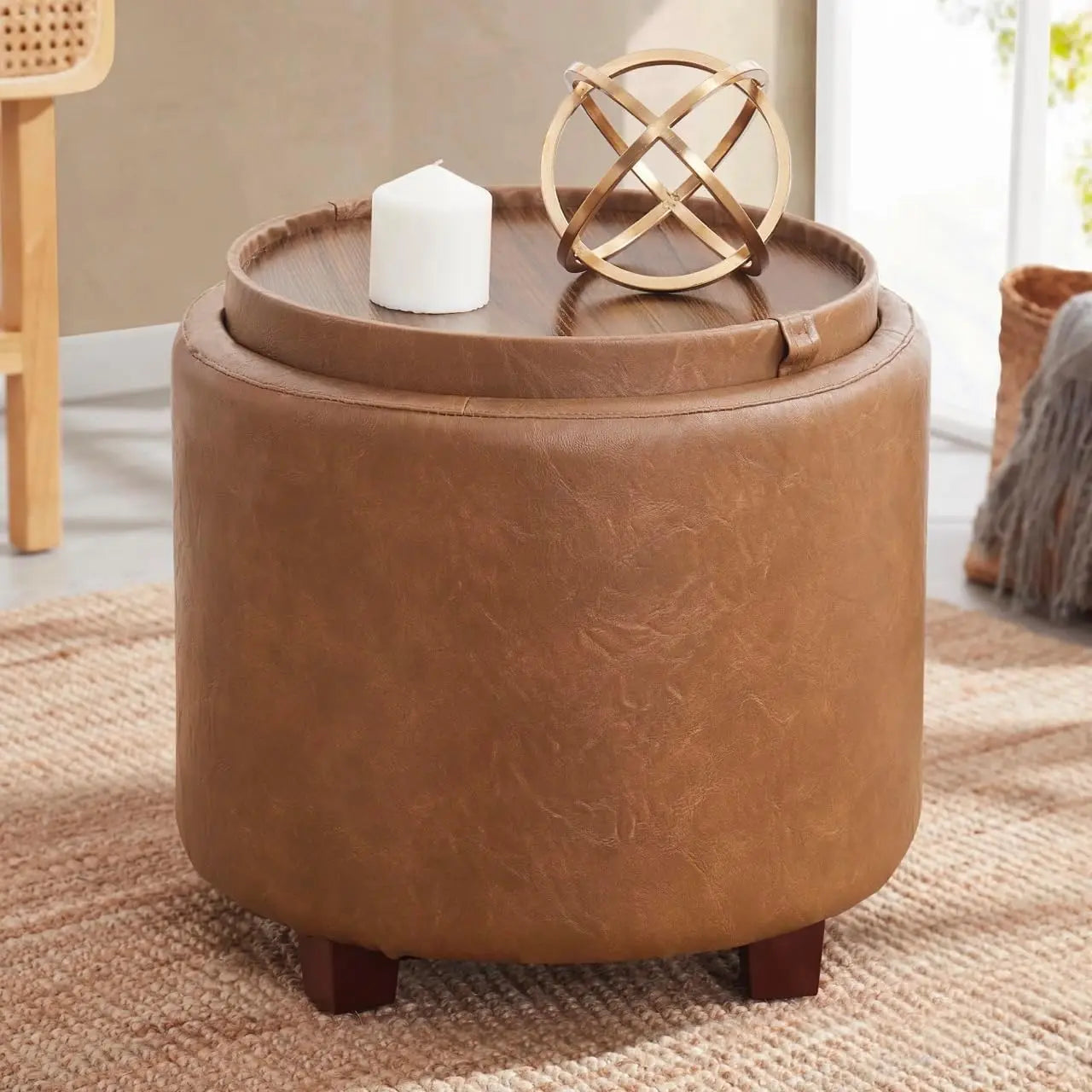 Lawrence Round Storage Ottoman Lift Off Lid Tray Coffee Table Living Room