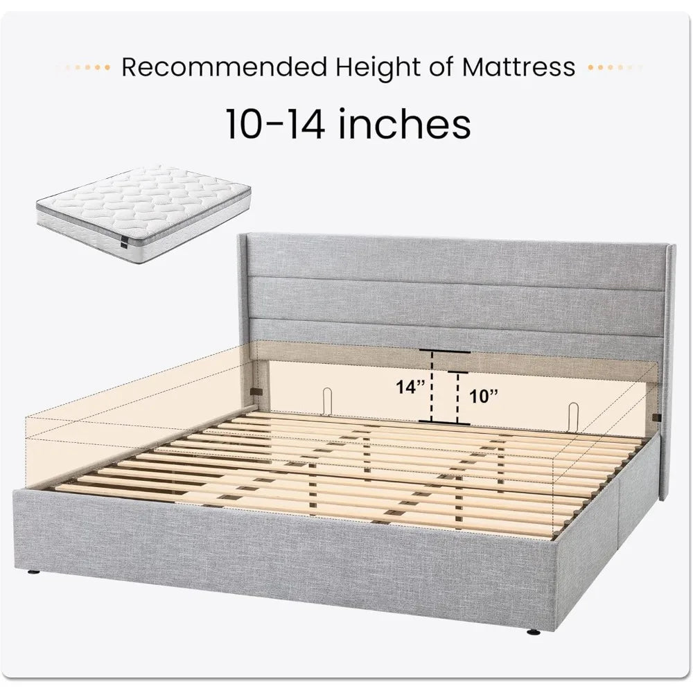 King Size Lift Up Storage Bed Modern Wingback Headboard Hydraulic